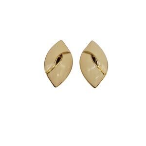 Vintage Trifari Enamel Cream Gold Clip On Earring Set Signed Geometric Shape